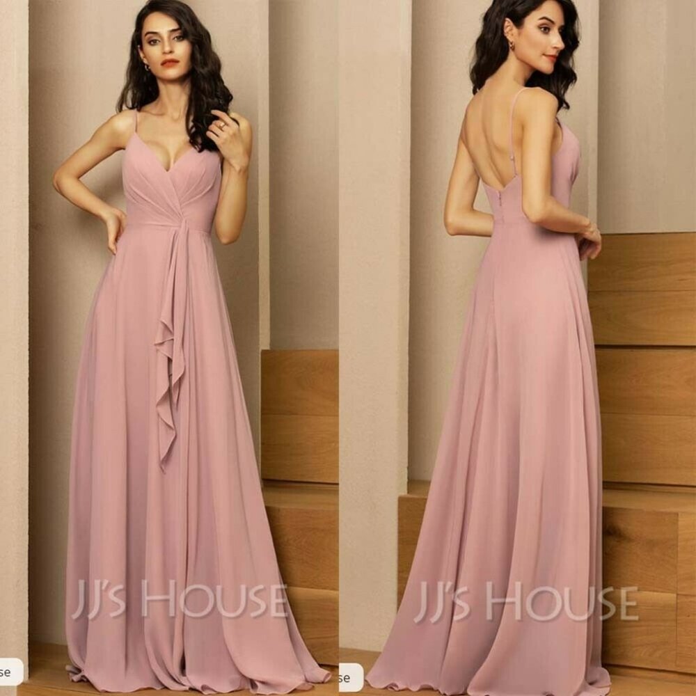 JJs House Dress - Size 6 - Dusty Rose NWT A-Line V-Neck Chiffon Floor-Length